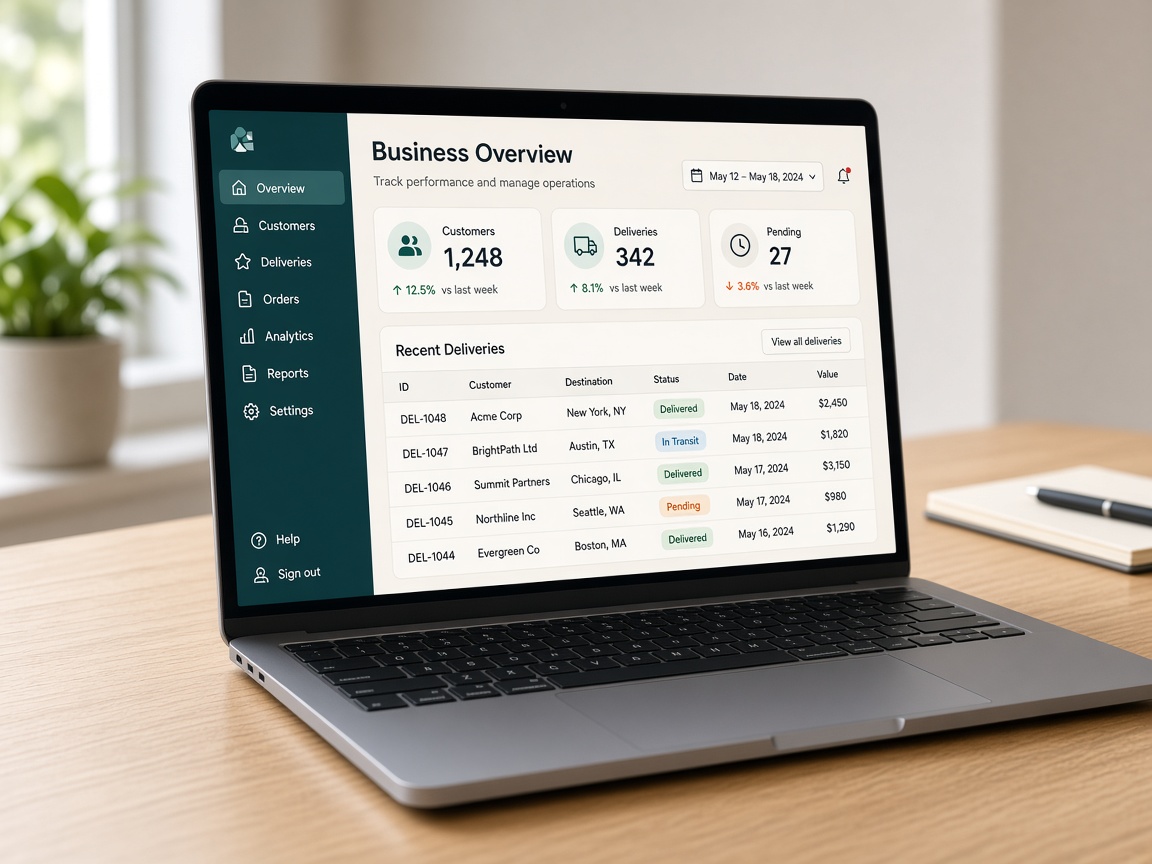 Admin dashboard on a laptop — customers, deliveries and reports